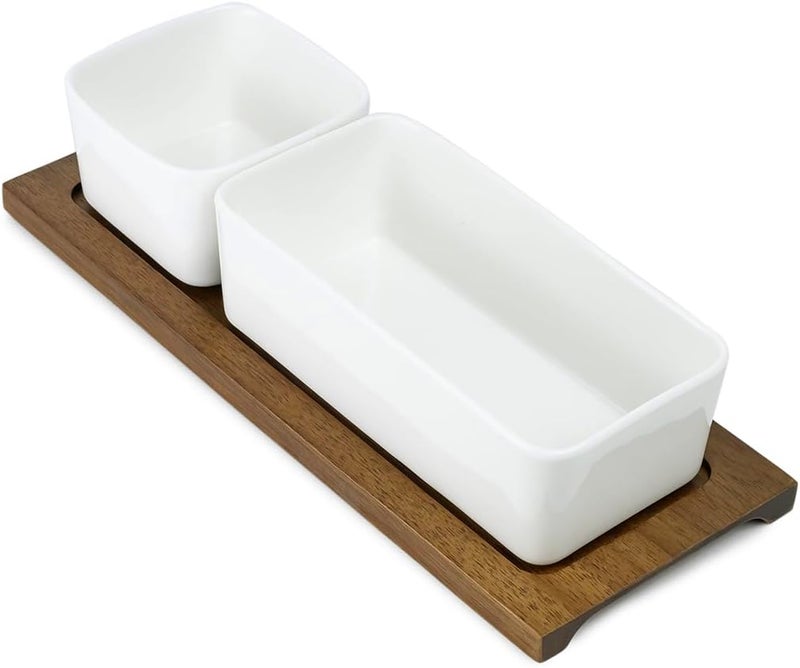 Shallow Acacia Wood Porcelain 2 Pieces Serving Set, 29cm, White & Brown - Image 3